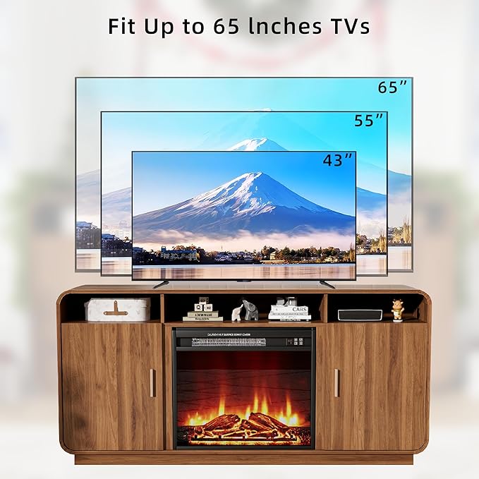 Fireplace TV Stand for TVs Up to 65”, Entertainment Center with 23” Electric Fireplace, Storage Side Cabinets and Adjustable Shelves, Mid Century Modern Media Console Table for Living Room (Walnut)