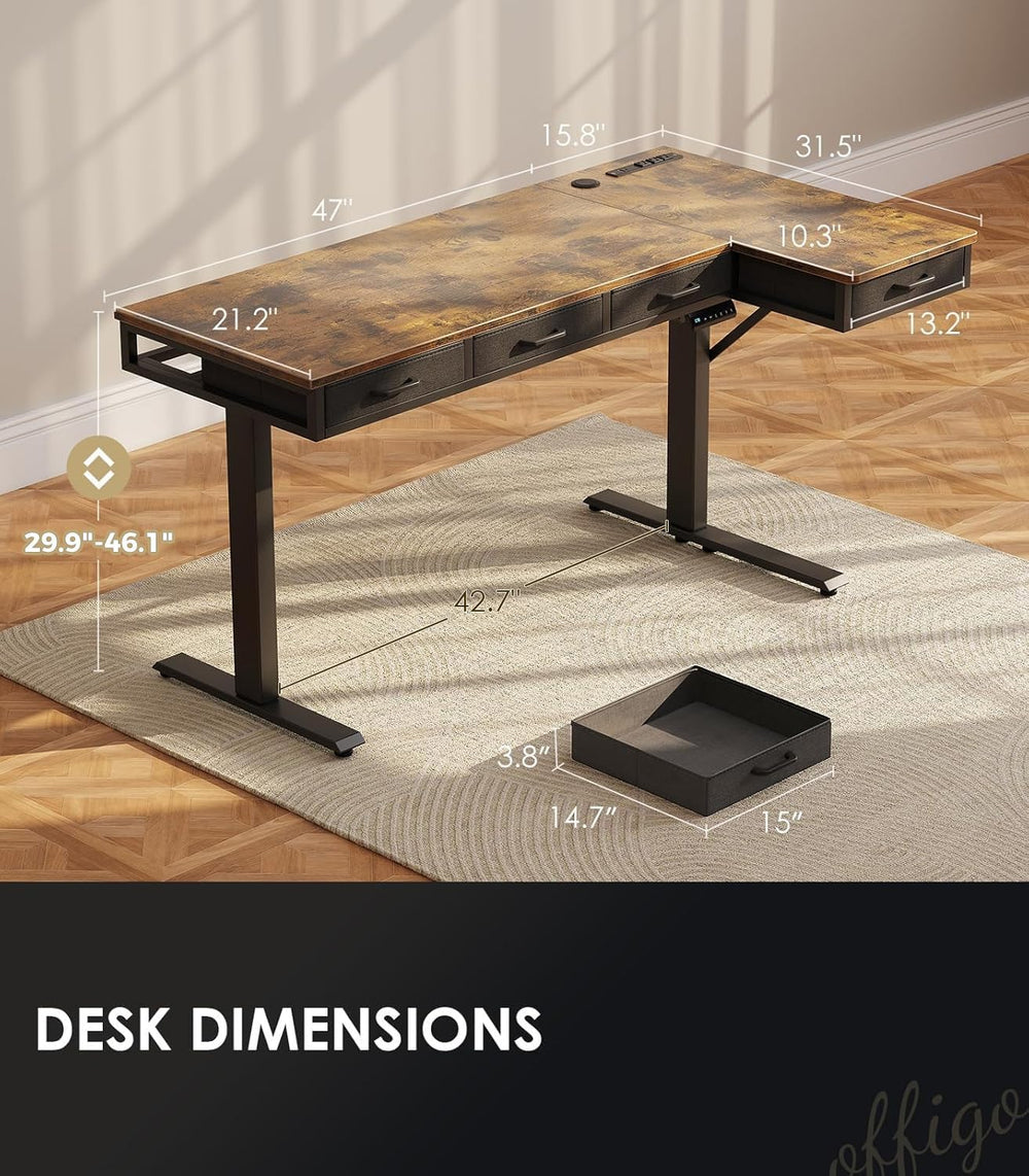 OffiGo 63 Inch L Shaped Electric Standing Desk with 4 Drawers, Rustic Brown |...