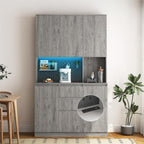 74 Inch Freestanding Kitchen Pantry Cabinet, Wooden Cutlery Storage Cabinet with Charging Station, LED Light for Kitchen, Dining Room and Living Room (Gray)