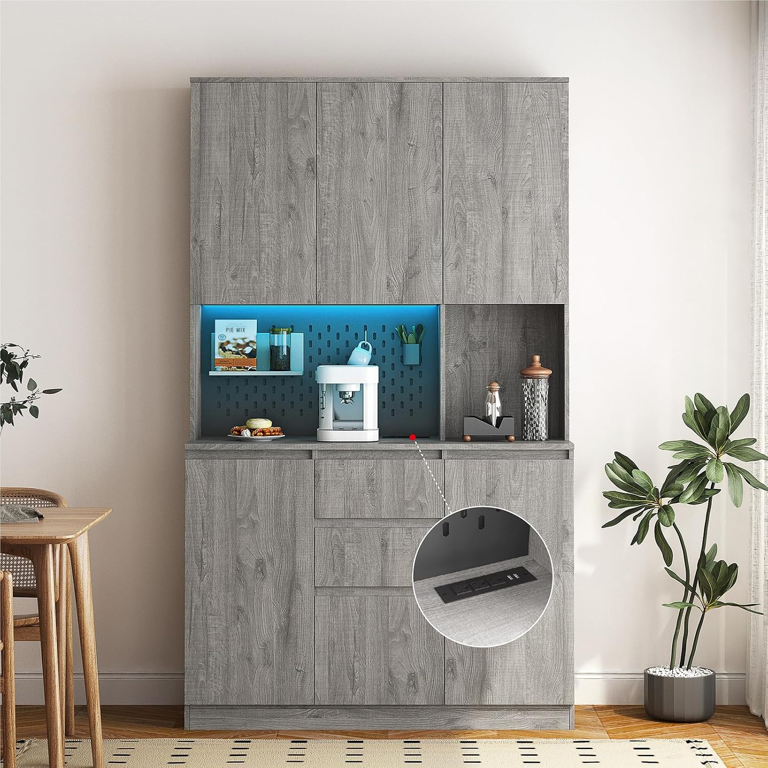 74 Inch Freestanding Kitchen Pantry Cabinet, Wooden Cutlery Storage Cabinet with Charging Station, LED Light for Kitchen, Dining Room and Living Room (Gray)