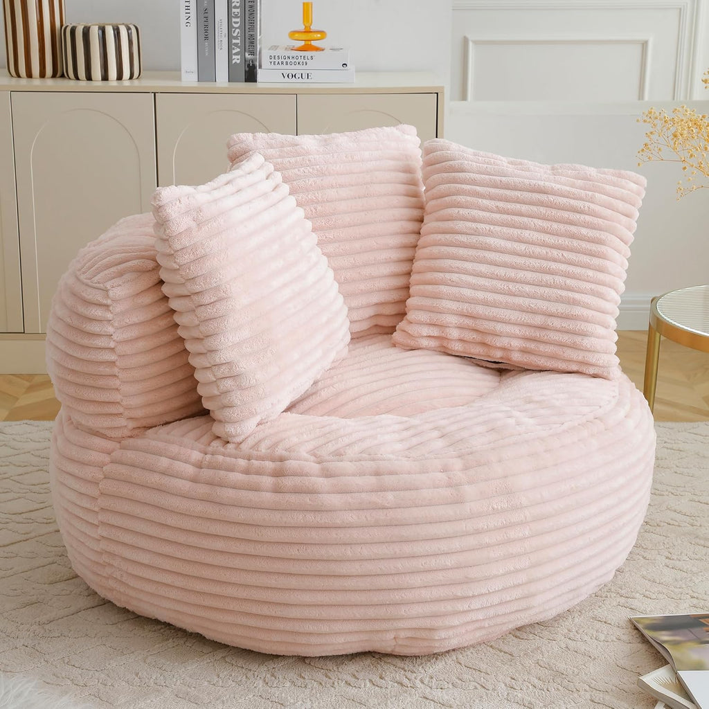 45" Round Pink Bean Bag Chair with Backrest,Corduroy Fabric Beanbag Couch 3 Pillows,Floor Cushion Bean Bag Chair for Adults,Plush TV Chair,Comfy Lazy Sofa for Living Room