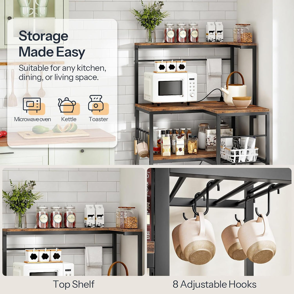 HOOBRO L-Shaped Bakers Rack with Power Outlet, 4-Tier Corner Microwave Stand with Storage, Coffee Bar Station with 8 Hooks, Kitchen Shelf Rack, 2 Installation Methods, Rustic Brown and Black BF20UHB01