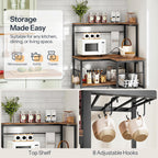 HOOBRO L-Shaped Bakers Rack with Power Outlet, 4-Tier Corner Microwave Stand with Storage, Coffee Bar Station with 8 Hooks, Kitchen Shelf Rack, 2 Installation Methods, Rustic Brown and Black BF20UHB01