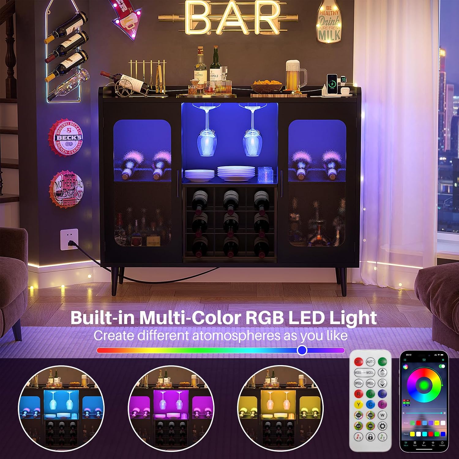 iSunirm Bar Cabinet with LED Light and Glass Holder, Home Coffee Bar Cabinet, Buffet Sideboard with Storage Shelf for Kitchen, Dining Room, Black