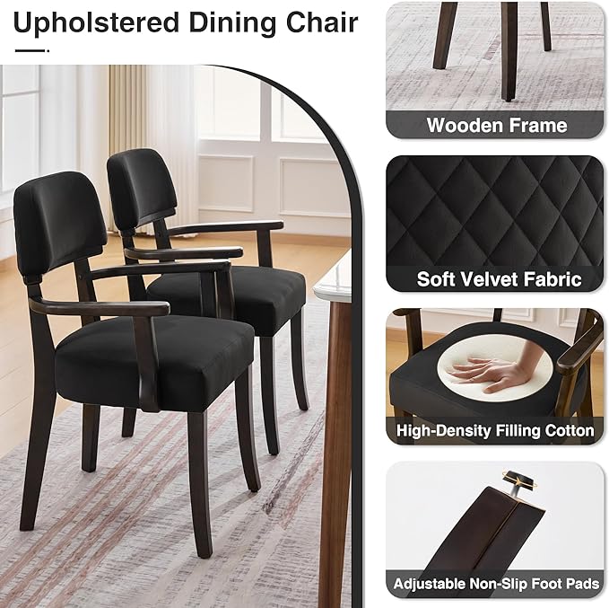 Velvet Dining Chairs with Arms Set of 6, Upholstered Dining Room Chairs with Hardwood Legs & Open Curved Backrest,Modern Accent Kitchen Chairs 350 LBS Capacity, Black