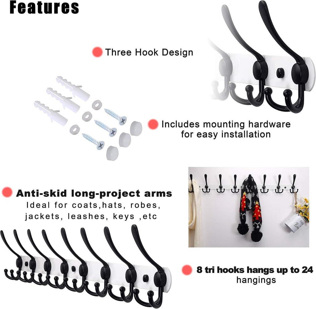 Dseap Coat Rack Wall Mount - 29.5” Long 8-Tri-Hooks Heavy Duty Coat Hanger Rail Wall Hooks for Hanging Coats Hats Clothing Clothes Purse Mudroom Entryway, White & Black