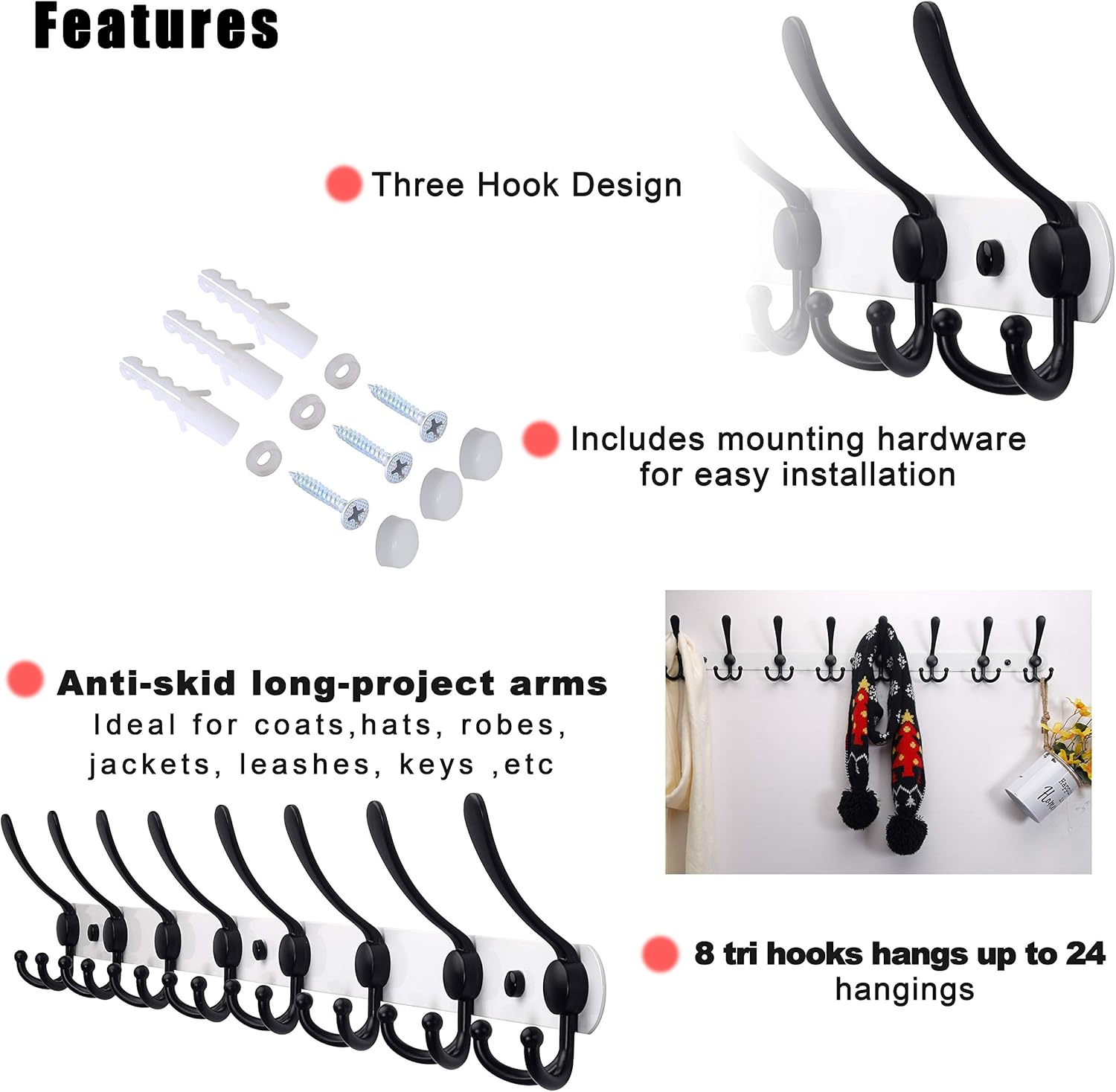 Dseap Coat Rack Wall Mount - 29.5” Long 8-Tri-Hooks Heavy Duty Coat Hanger Rail Wall Hooks for Hanging Coats Hats Clothing Clothes Purse Mudroom Entryway, White & Black