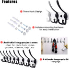 Dseap Coat Rack Wall Mount - 29.5” Long 8-Tri-Hooks Heavy Duty Coat Hanger Rail Wall Hooks for Hanging Coats Hats Clothing Clothes Purse Mudroom Entryway, White & Black, Pack of 2