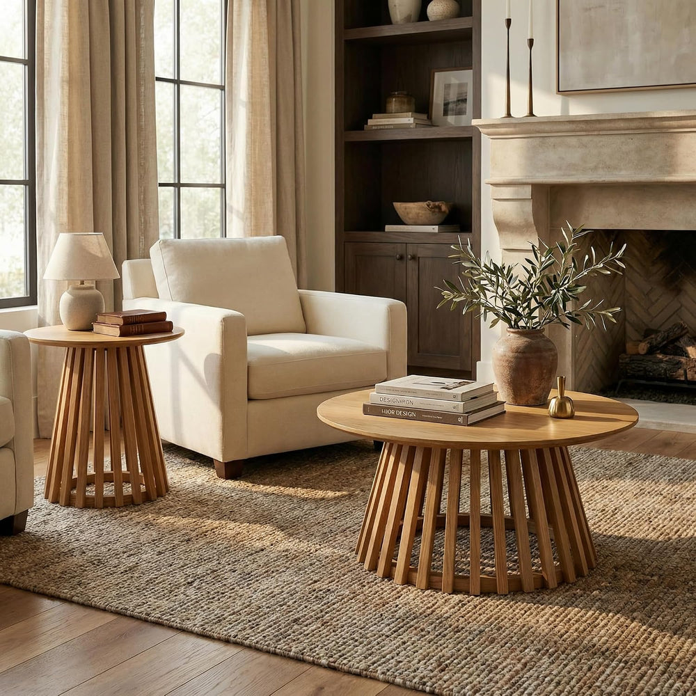 DUOMAY Modern Solid Round Side Table with Geometric Base, Natural Wood Accent...