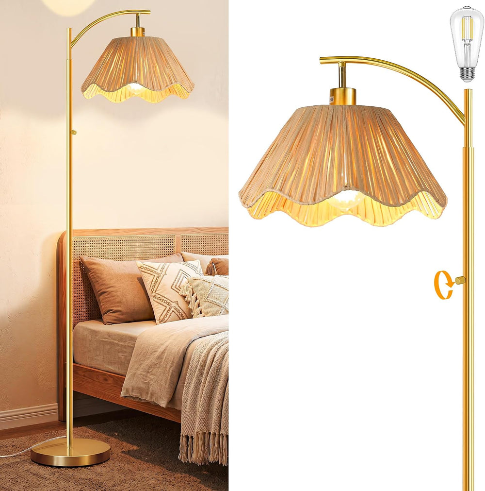 Arc Floor Lamp for Living Room, Rattan Boho Floor Lamp with Hand-Woven Raffia...