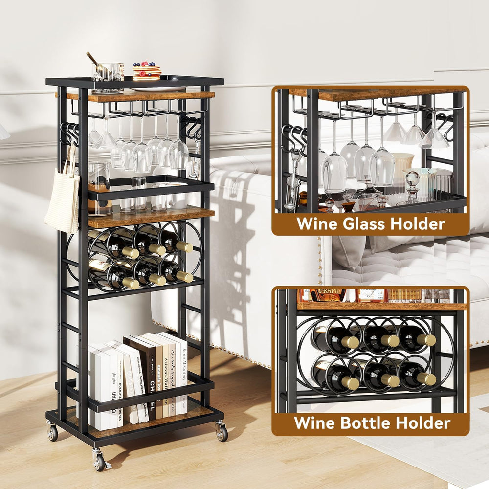 IBUYKE 4-Tier Wine Rack with Wheels,Bar Cart,Brown TMJ912H | Wine Car Cabinet...