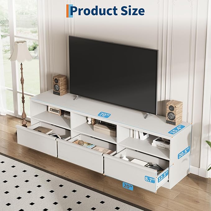 IDEALHOUSE 70 inch TV Stand for 80" TVs, Mid Century Modern Entertainment Center with Storage Drawer & Open Shelves, Wood Media Console Cabinet for Living Room/Bedroom, White