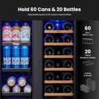 Yeego Wine and Beverage Refrigerator - 24 Inch Dual Zone Wine Fridge 60 Can & 20 Bottle, 36-72°F Cooler Built in Under Counter Fridge with Glass Door for Beer Soda Drink Home Bar Office