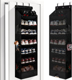 7 Tier Over The Door Shoe Organizer, Hanging Shoe Rack for Closet with Dustproof Mesh Curtain & 6 Side Pockets, Behind The Door Narrow Shoe Holder Hanger for Sneakers, Boots (Black)