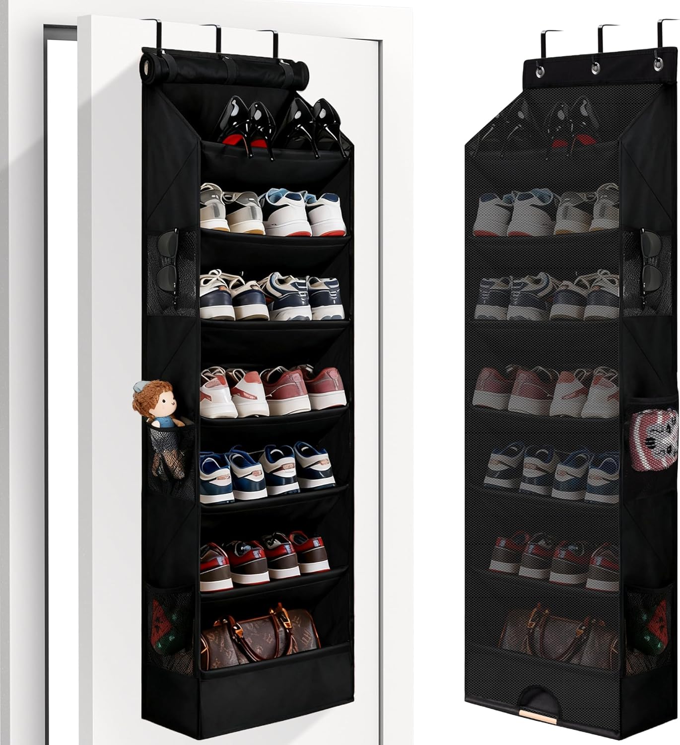 7 Tier Over The Door Shoe Organizer, Hanging Shoe Rack for Closet with Dustproof Mesh Curtain & 6 Side Pockets, Behind The Door Narrow Shoe Holder Hanger for Sneakers, Boots (Black)