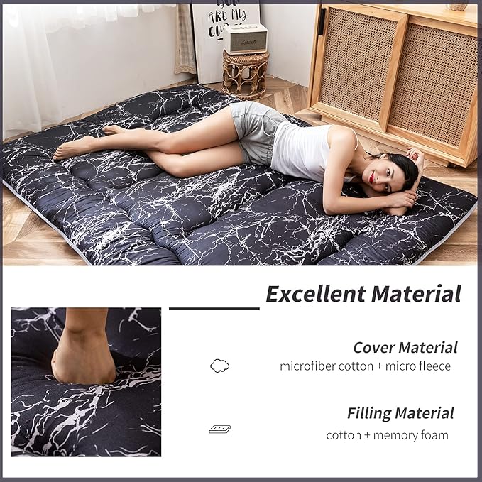 MAXYOYO Japanese Floor Mattress Futon Mattress, 4" Thicken Tatami Mat Sleeping Pad Foldable Roll Up Mat Boys Girls Dormitory Pad Kids Floor Lounger Pillow Bed, Charcoal Grey, Queen Size