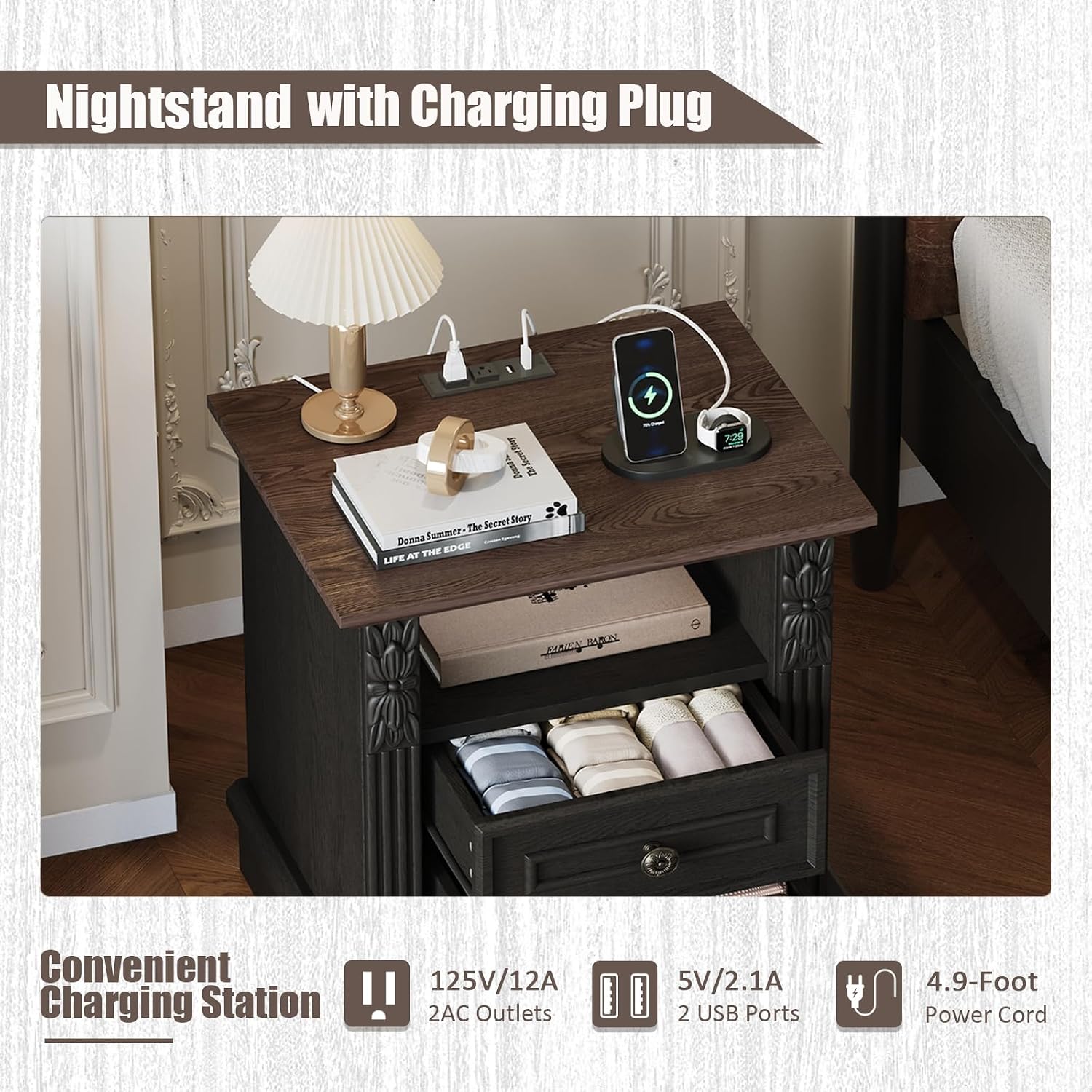 BLANKSPACE Nightstand with Charging Station, Farmhouse End Side Table, 20” Night Stand Bedside Cabinet for Bedroom, Living Room （Black ＆ Brown）