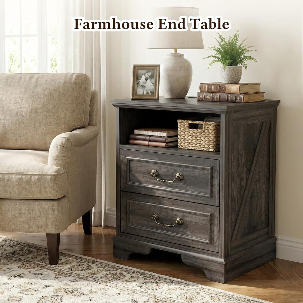 Farmhouse End Table Set of 2, Rustic Wood Nightstand with Charging Station, 2...