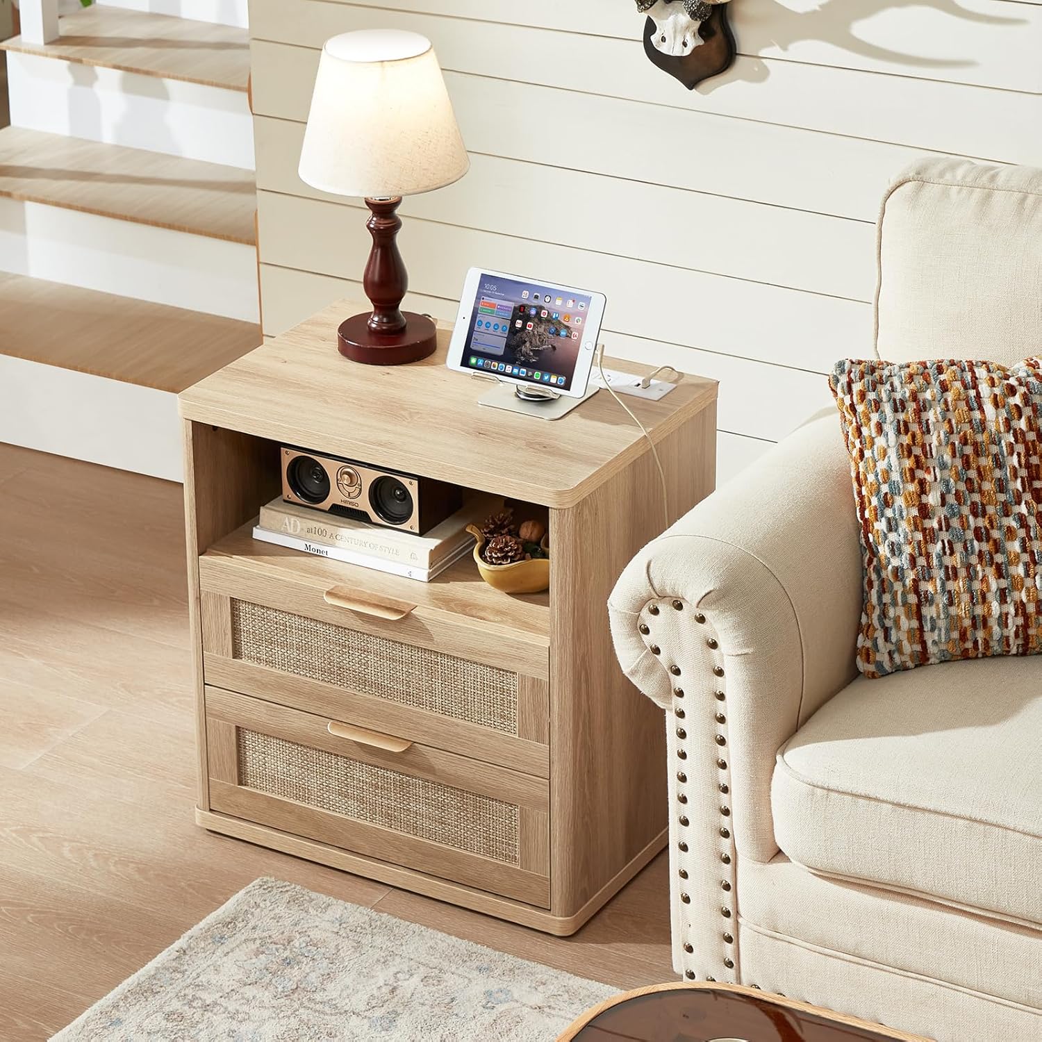 LEYAOYAO Rattan Night Stand with Charger Station, 23" Wide Boho Nightstand with 2 Drawers, Natural Wood Bedside Table Open Storage Cabinet, Bed Side End Tables Dresser for Bedroom, Living Room Hallway