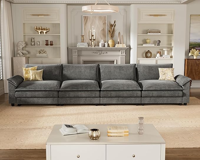 Homall 159" Modular Sectional Sofa, Linear Sofa Couch with Double-Layer Cushion, DIY Combination Chenille Deep 4-Seat Cloud Couch for Living Room, Apartment (Light Grey, Linear Sofa)