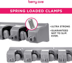 Combo 5 Slot Broom Holder w/ 1 Self Adhesive Mop Gripper No-Drilling, Wall Mount Tool Organizers For Kitchen, Garage, Laundry Room- Anti-Slip Hanger For Brooms, Mops, Rakes, Dustpans (Grey / White)