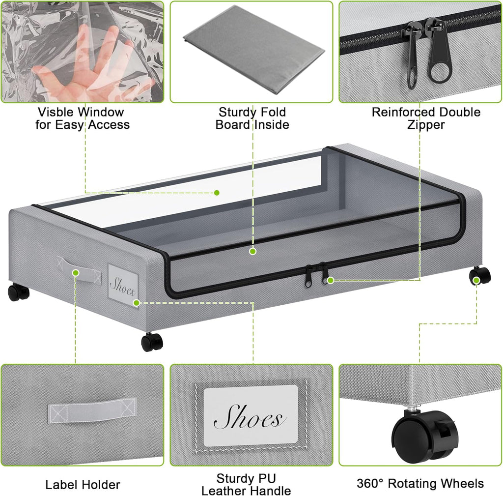 Under Bed Storage with Wheels, XXL 60L Under the Bed Storage Bins, Underbed Storage Containers with Lids & Label, Rolling Metal Drawer for Shoes, Clothes, Books, Toys (4-Pack Gray)