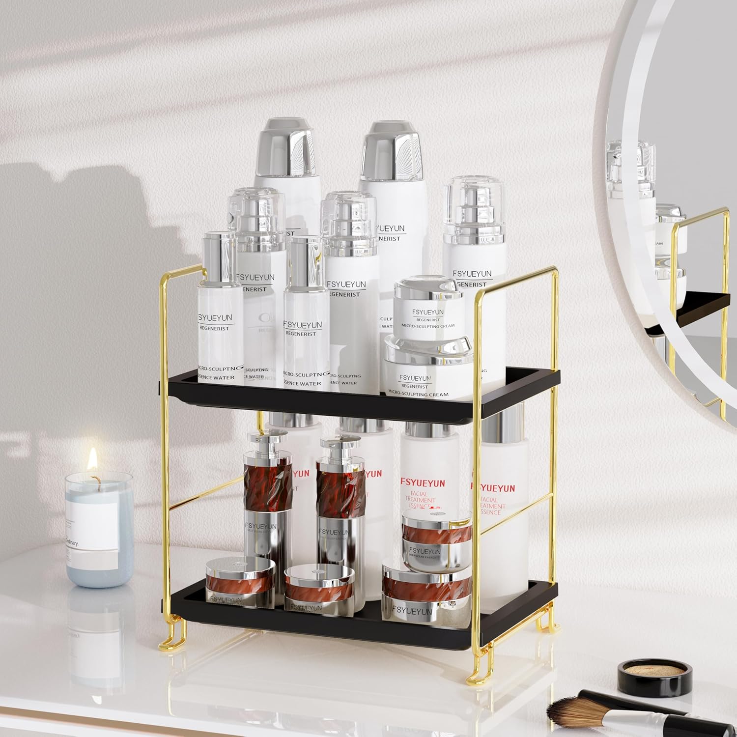 FSyueyun 2-Tier Bathroom Countertop Organizer, Tool-Less Installation Premium Plastics Makeup Shelf Organizer Perfume Skincare for Dresser Vanity Tray Organizers and Storage (Gold & Black)