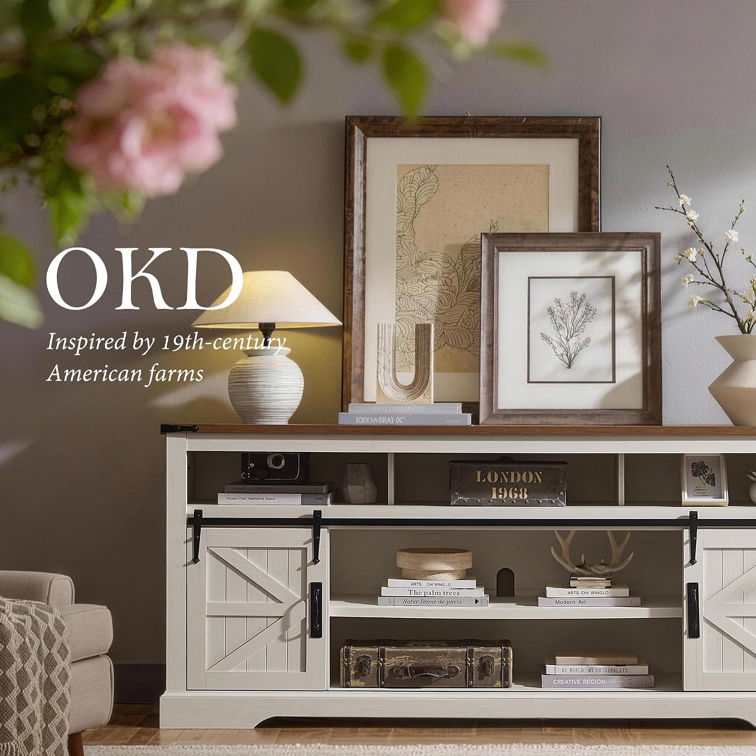OKD 70" Farmhouse TV Stand for TVs up to 80", Antique White | 33" Tall, Rustic Entertainment Center, Sliding Barn Door, Large Open Storage Shelf, 2 Storage Cabinets, Living Room, Bedroom