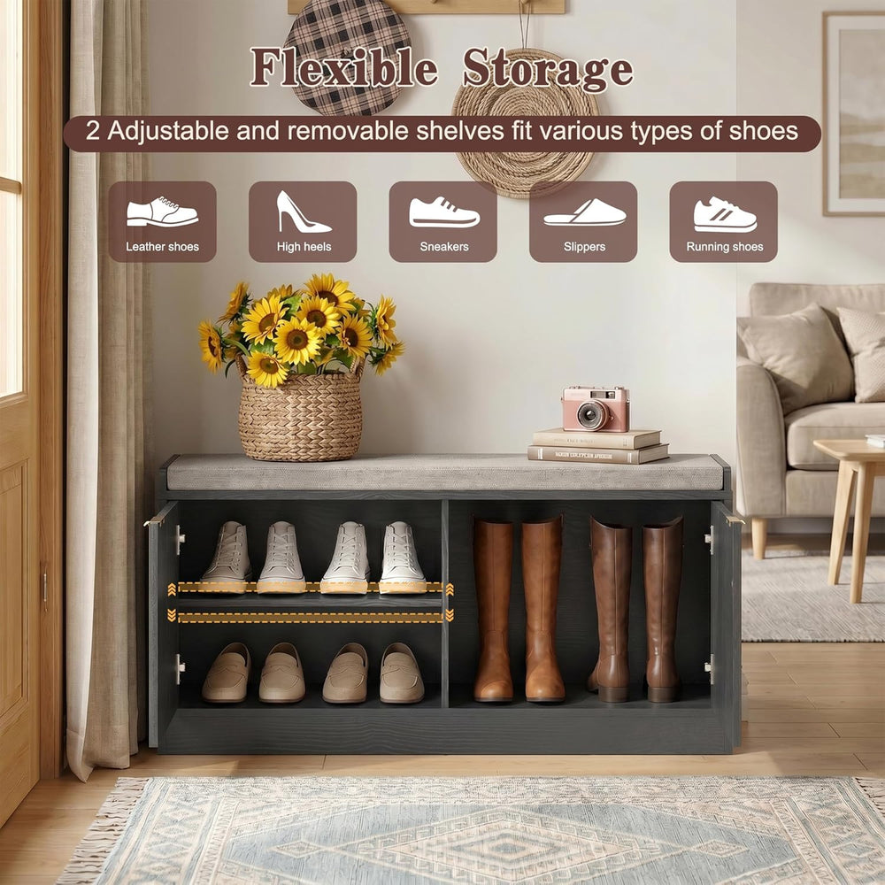 Fluted Shoe Storage Bench with Cushion, 2-Tier Entryway Shoe Bench with Adjus...