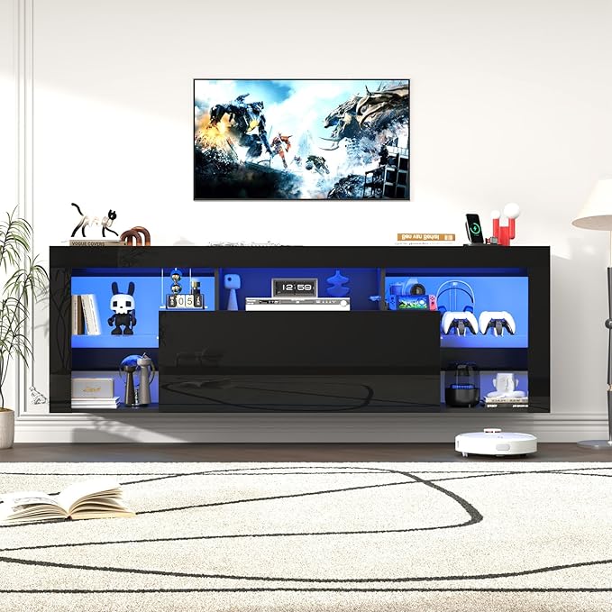 71" Floating High Gloss LED TV Stand for up to 85" TVs, Wall-Mounted Entertainment Center, Modern Media Console w/USB Outlets, Open Adjustable Glass Shelf&Hidden Storage Cabinet, Black