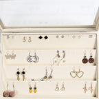 Frebeauty Earring Organizer Tray with Clear Lid 64 Slots Velvet Drawer Insert Earring Storage box with Transparent Glass lid Jewelry Display Case Store Showcase Gifts for Women(Beige, Earrings)