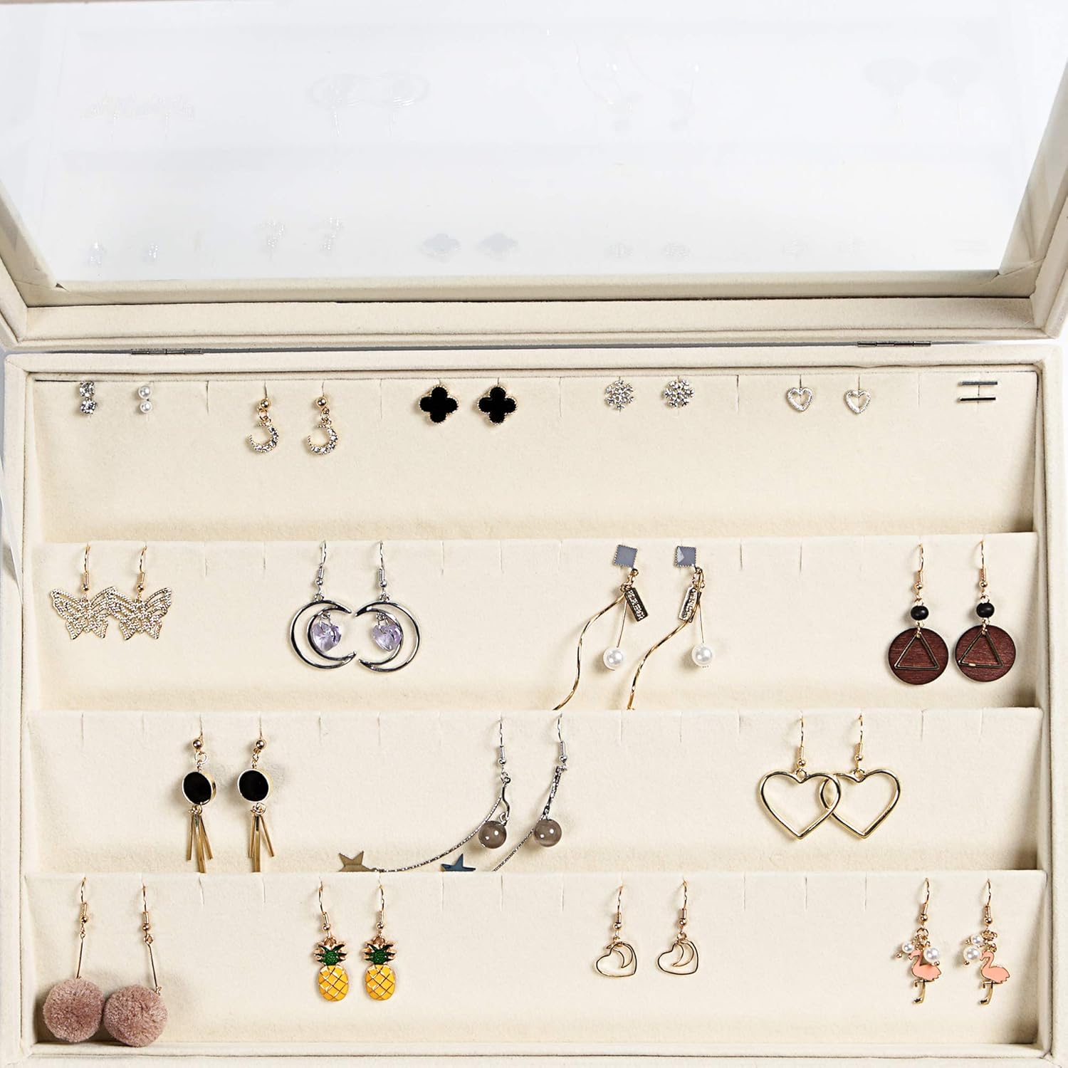 Frebeauty Earring Organizer Tray with Clear Lid 64 Slots Velvet Drawer Insert Earring Storage box with Transparent Glass lid Jewelry Display Case Store Showcase Gifts for Women(Beige, Earrings)
