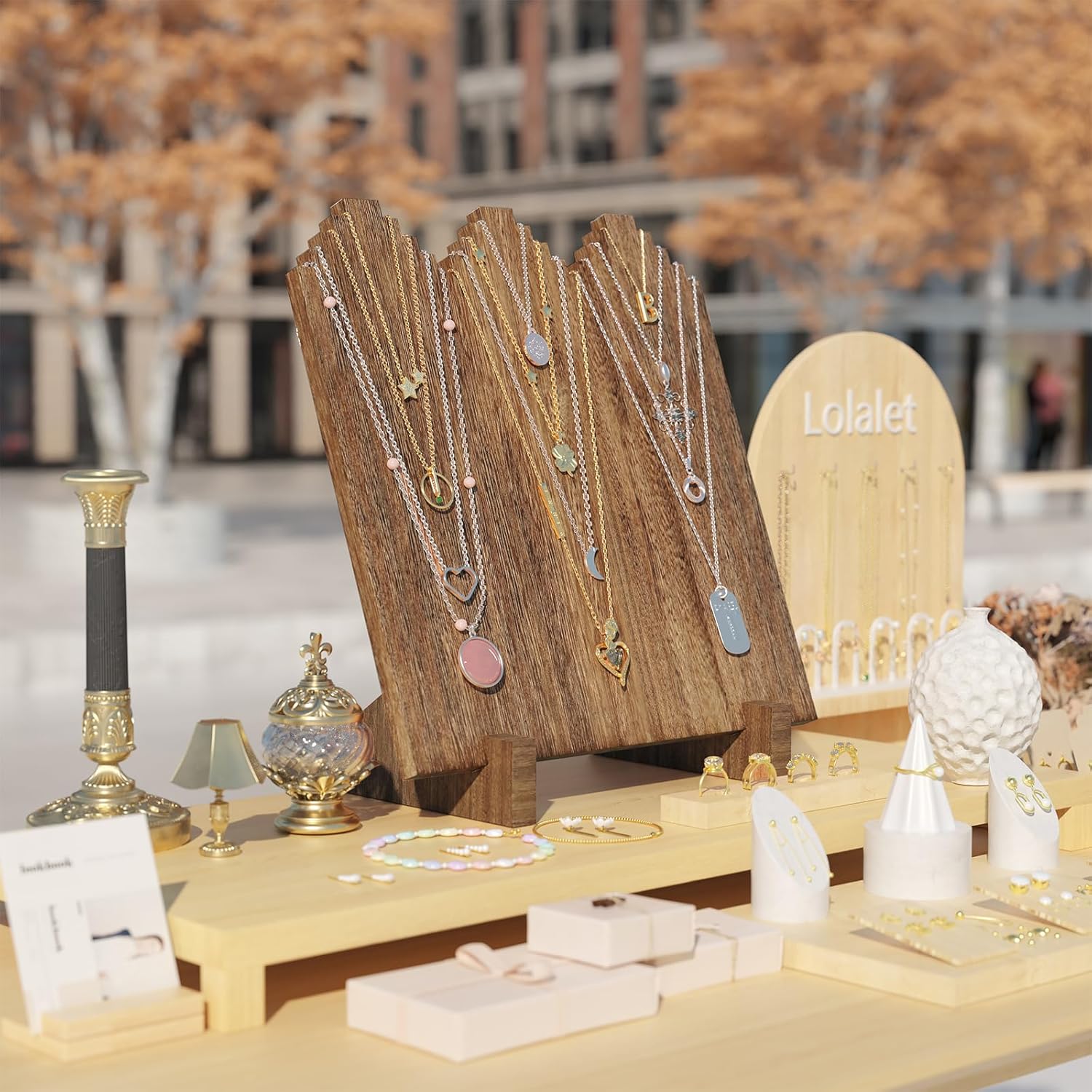 Lolalet Wooden Necklace Display Stands for Selling, Freestanding Multiple Necklaces Stands and Displays for Vendors, Jewelry Displays Holders for Craft Show -1 Pack, Oak