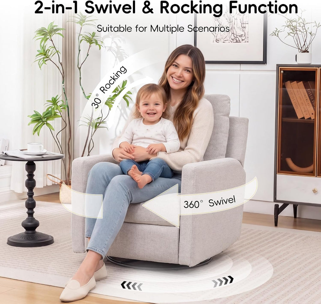 MINCETA Glider Recliner Chairs, Nursery Rocking Chairs, Gray | 360° Swivel Rocking Chairs with Metal Base, High Back Rocking Chair for Living Room, Chenille Fabric