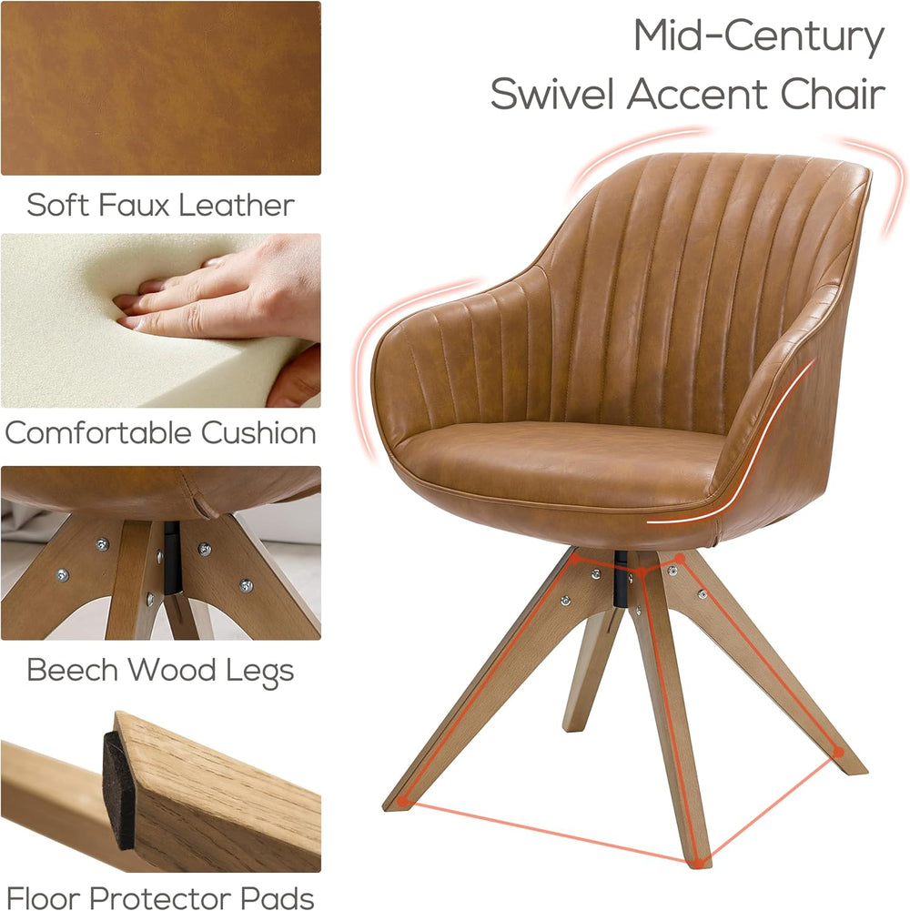 Art Leon Dining Chair - Mid Century Modern Swivel Dining Room Chair, Faux Lea...