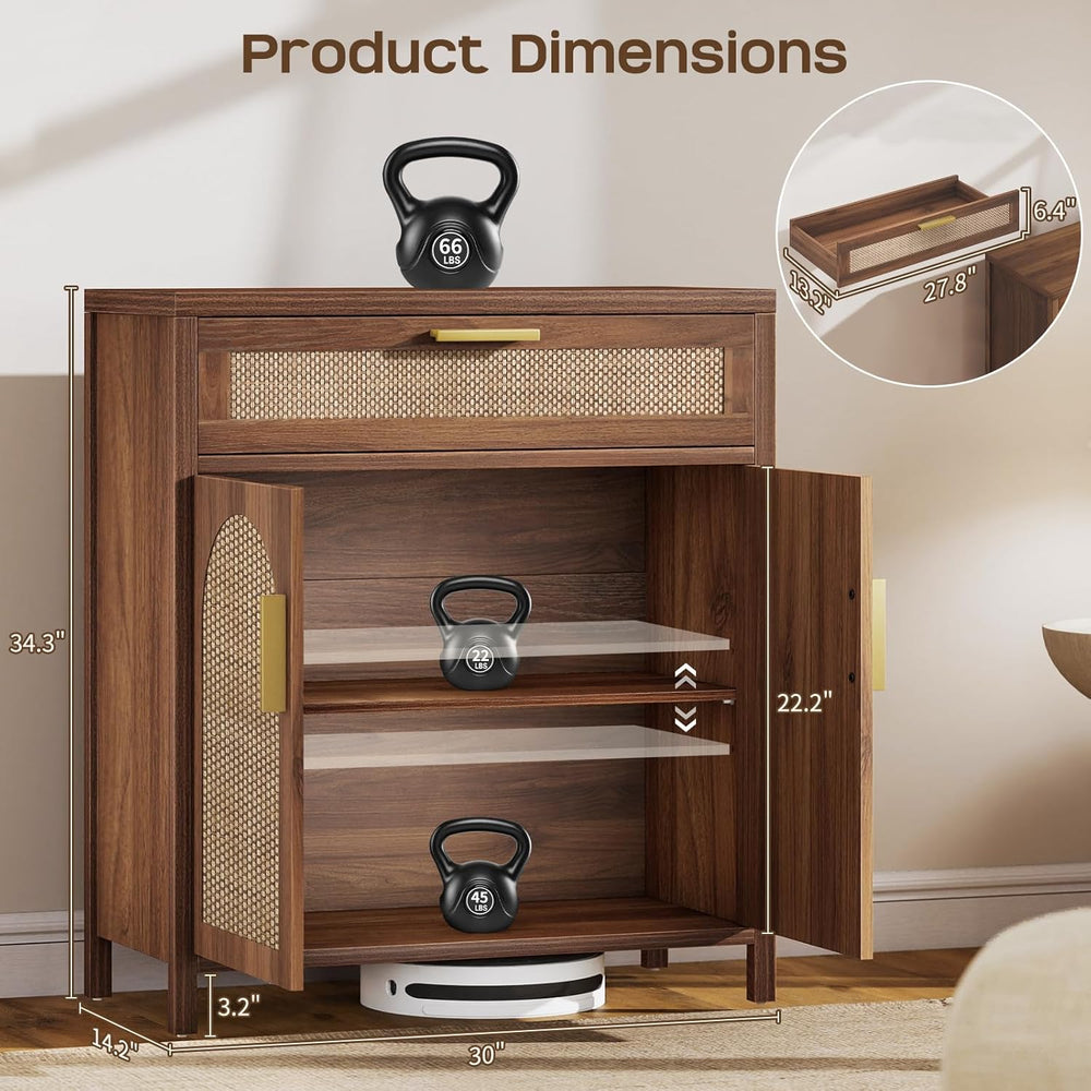 Rattan Buffet Cabinet with Storage, Sideboard Cabinet with Doors and Shelves,...