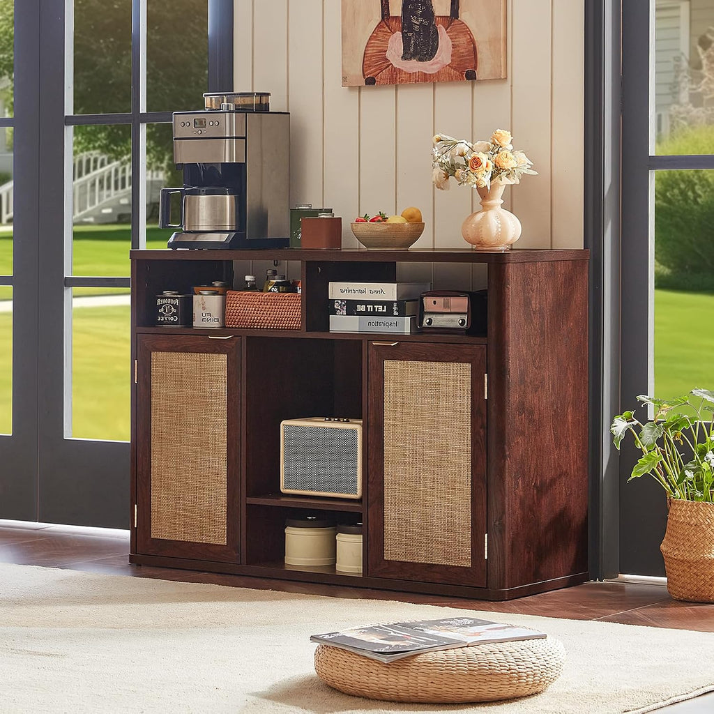 Lerliuo Rattan Wine Bar Cabinet with 2 Doors, Walnut | Boho Liquor Cabinet with Wine Racks & 2 Open Shelves & Rounded Corners for Living Room, Dining Room, Kitchen