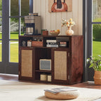 Lerliuo Rattan Wine Bar Cabinet with 2 Doors, Walnut | Boho Liquor Cabinet with Wine Racks & 2 Open Shelves & Rounded Corners for Living Room, Dining Room, Kitchen