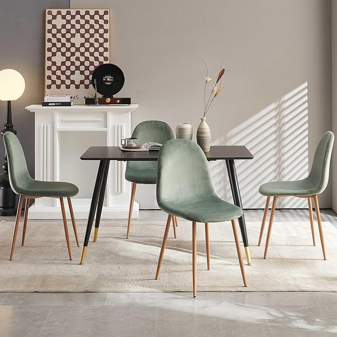 Set of 4 Dining Chairs Upholstered Green Velvet Living Room Chair with Backrest, Modern Mid-Century Home Kitchen Chairs Armless with Metal Legs for Dining Room, Retaurant