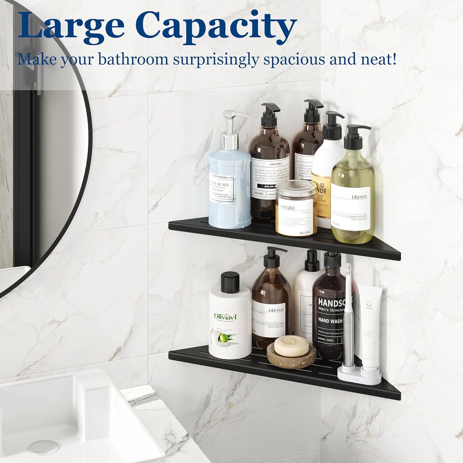 Corner Shower Shelves, 12” Recessed Tile Shower Shelf, 304 Stainless Steel Grout in Corner Tile Shower Shelves, No Drilling, Matte Black, 2 Pack