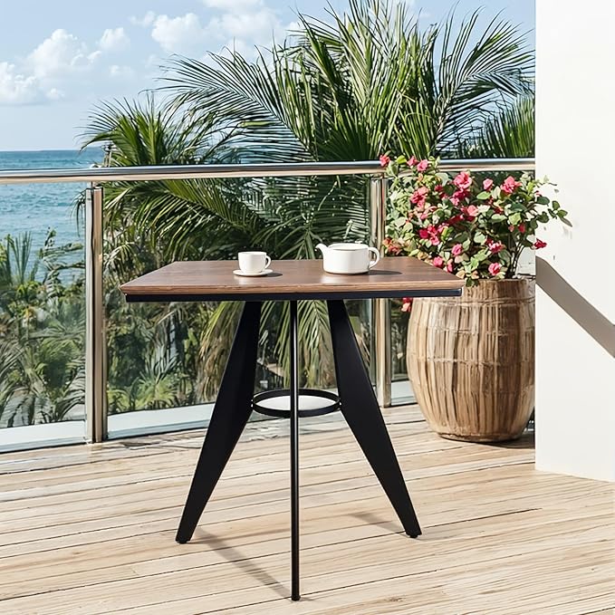 Square Cafe Table - 23.62" Oak Wood Top, Metal Frame, 28.15" High, Modern Industrial Dining Table for Kitchen, Home Office, Bistro, Compact for Space Saving