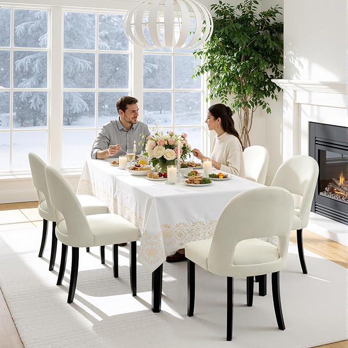 Upholstered Dining Chairs Set of 2, Modern Farmhouse Wooden Kitchen Chairs with Solid Wood Legs & Linen Fabric Backrest, Cream White
