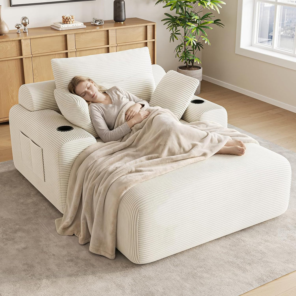 69” Oversized Chaise Lounge Chair Indoor, Modern Boneless Chaise Lounge Reading Chairs with 4 Side Pockets and 2 Cup Holders, Comfy Corduroy Sleeper Sofa Bed for Living Room Bedroom, Warm White