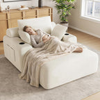 69” Oversized Chaise Lounge Chair Indoor, Modern Boneless Chaise Lounge Reading Chairs with 4 Side Pockets and 2 Cup Holders, Comfy Corduroy Sleeper Sofa Bed for Living Room Bedroom, Warm White
