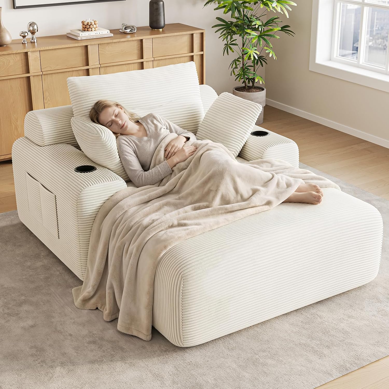 69” Oversized Chaise Lounge Chair Indoor, Modern Boneless Chaise Lounge Reading Chairs with 4 Side Pockets and 2 Cup Holders, Comfy Corduroy Sleeper Sofa Bed for Living Room Bedroom, Warm White