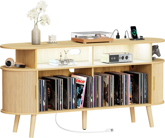 PRAISUN 54 Inch Larger Record Player Stand with Power Outlets & 3-Color Lights, Vinyl Record Stand with 2 Fluted Cabinets, USB-C Port, Mid Century Modern Player Stand, Open Storage, Natural