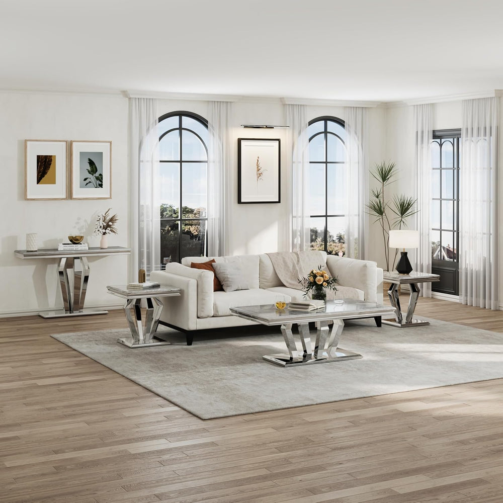 ACEDÉCOR 2 Piece Coffee Table Set with End Table, Modern White and Silver Liv...