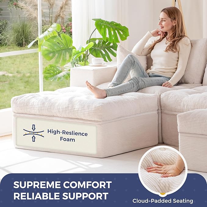 MAXYOYO 104" U Shaped Modular Sectional Sofa with 2 Ottomans, Cloud Boneless Couch with Layered Cushion, Flexible Module Combination Sofa for Living Room, No Assembly Required, Beige