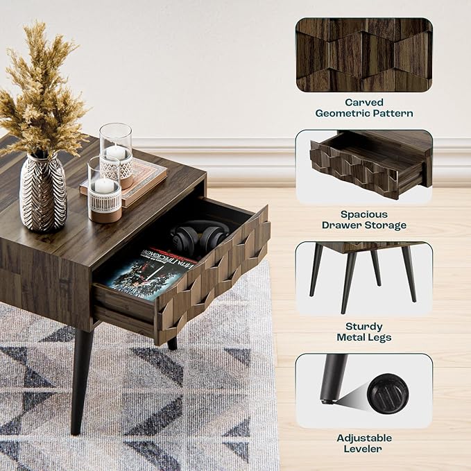 Bme Georgina Solid Wood Nightstand with Drawers, Pre-Assembled Rustic Nighstand with Geometric Pattern, Mid Century Modern Side Table for Living Room, Bedroom - Mocha