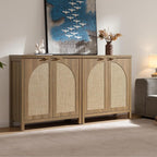 SICOTAS Rattan Sideboard Buffet Cabinet with Storage, Mid Century Modern Credenza Storage Cabinet with Arch Doors & Shelves Farmhouse Coffee Bar Media Console Cabinets for Living Room, Entryway